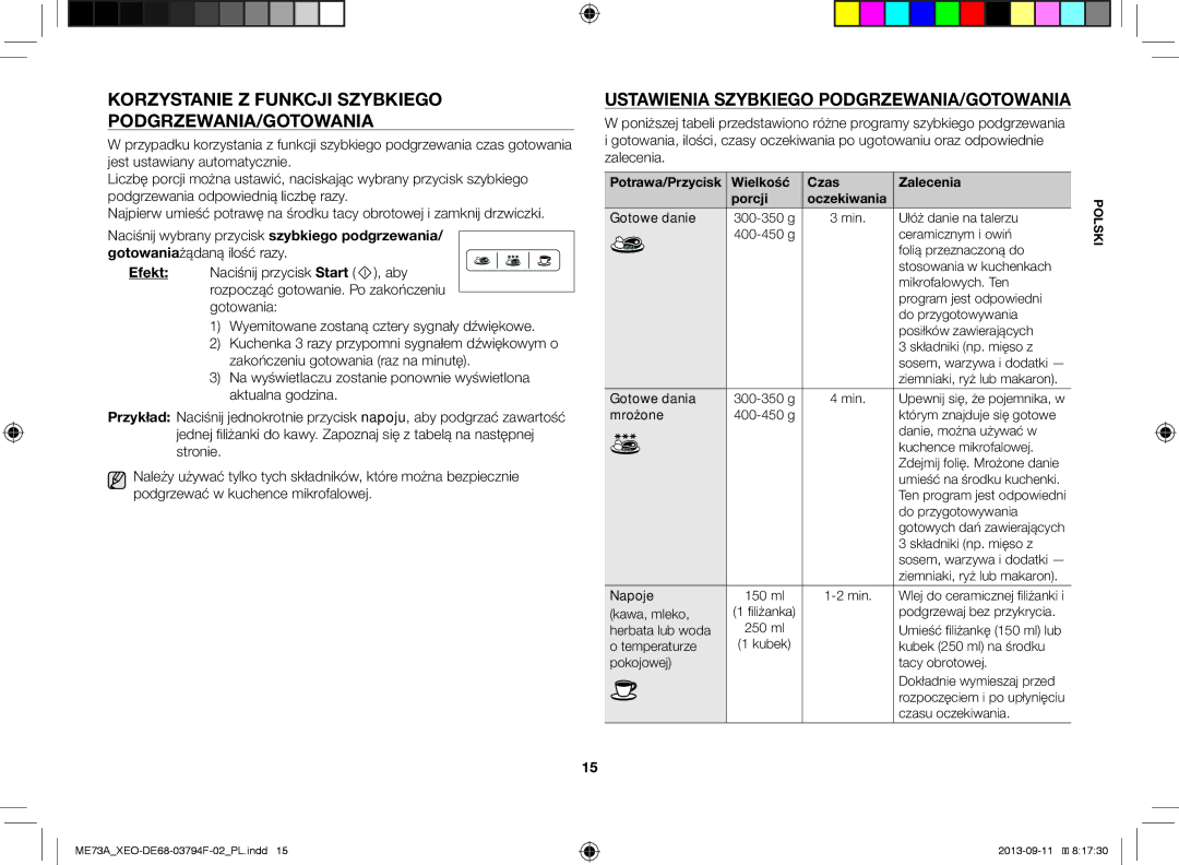 Samsung ME73A/XEO Korzystanie Z Funkcji Szybkiego PODGRZEWANIA/GOTOWANIA, Ustawienia Szybkiego PODGRZEWANIA/GOTOWANIA 