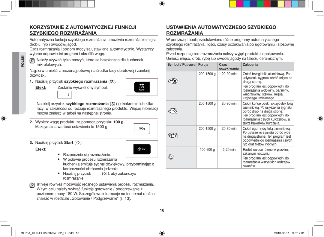 Samsung ME73A/XEO manual Korzystanie Z Automatycznej Funkcji Szybkiego Rozmrażania, Naciśnij przycisk szybkiego rozmrażania 