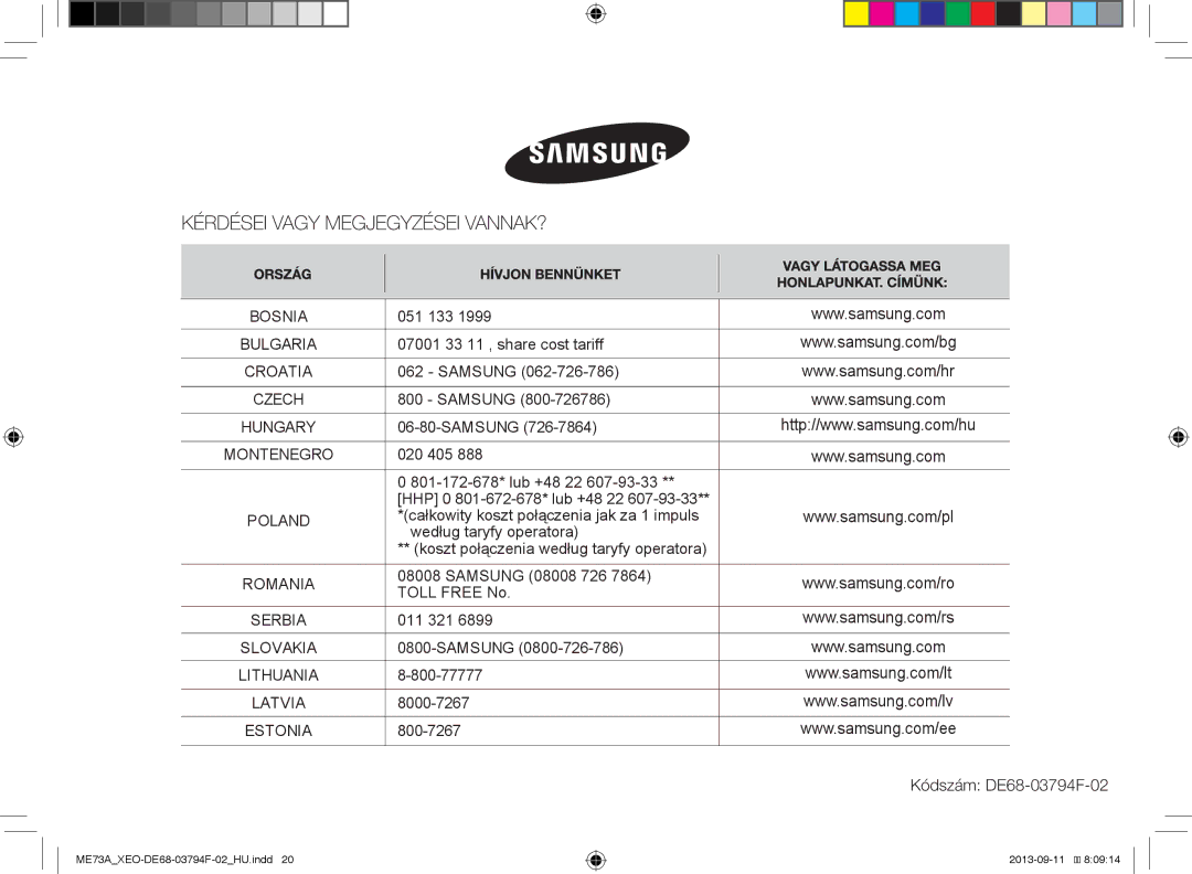 Samsung ME73A/XEO manual Kódszám DE68-03794F-02 