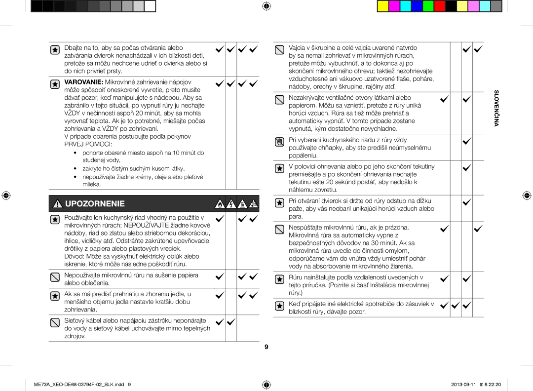 Samsung ME73A/XEO manual Upozornenie 