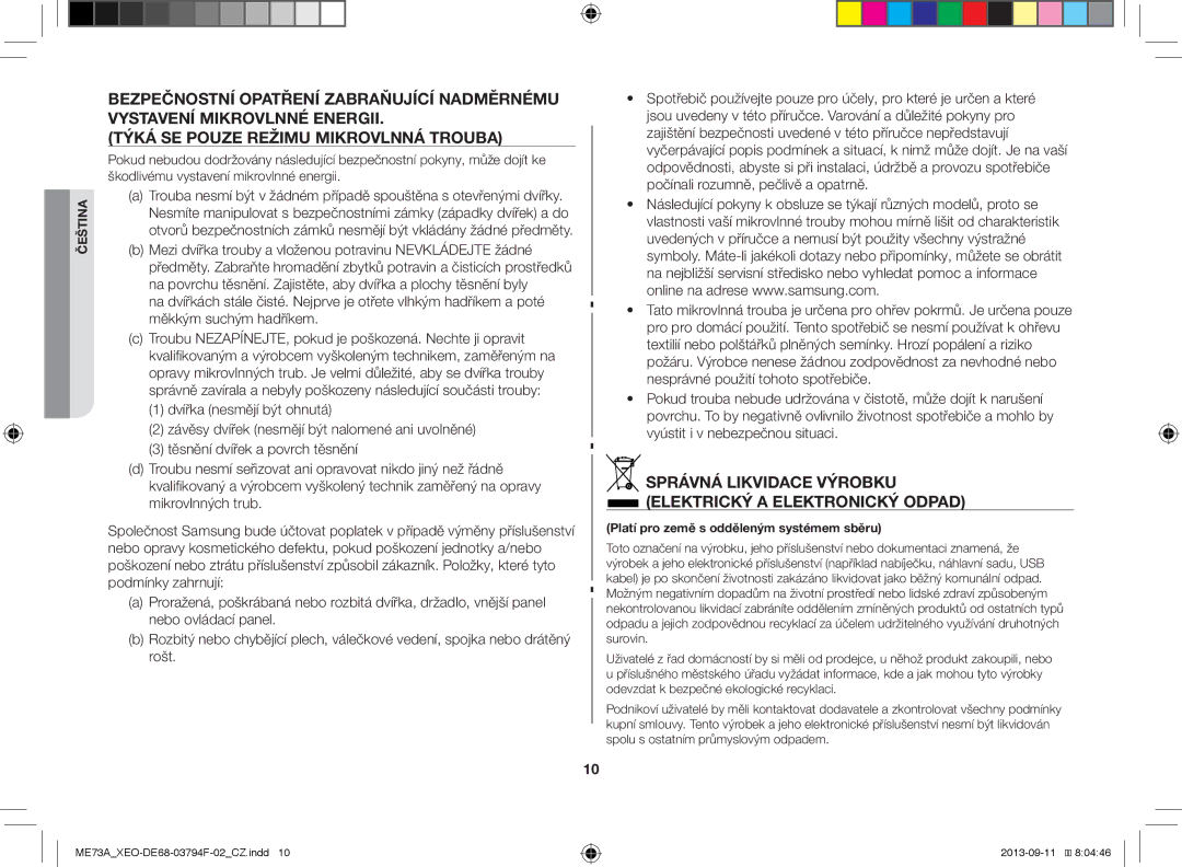 Samsung ME73A/XEO manual Správná Likvidace Výrobku Elektrický a Elektronický Odpad 