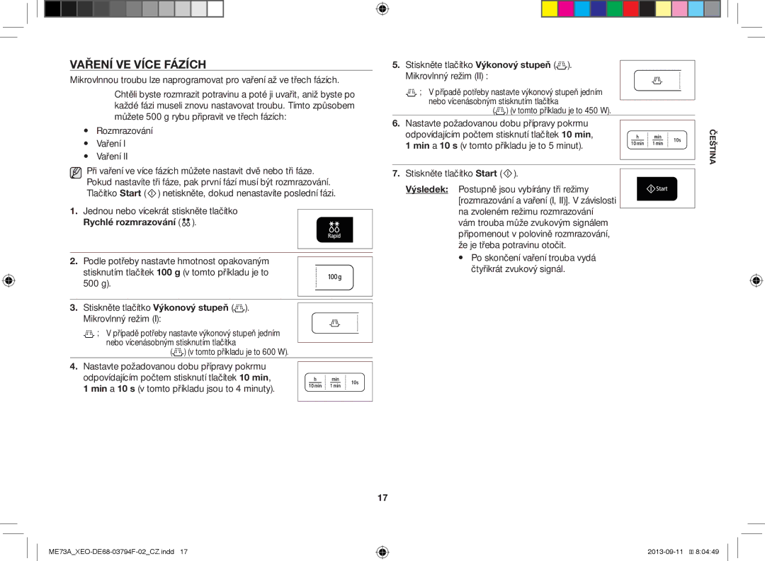 Samsung ME73A/XEO manual Vaření VE Více Fázích, Rychlé rozmrazování 