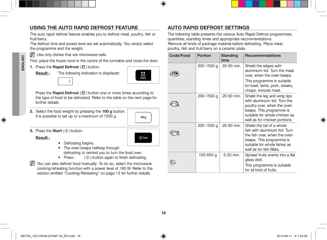 Samsung ME73A/XEO manual Using the Auto Rapid Defrost Feature, Auto Rapid Defrost Settings 