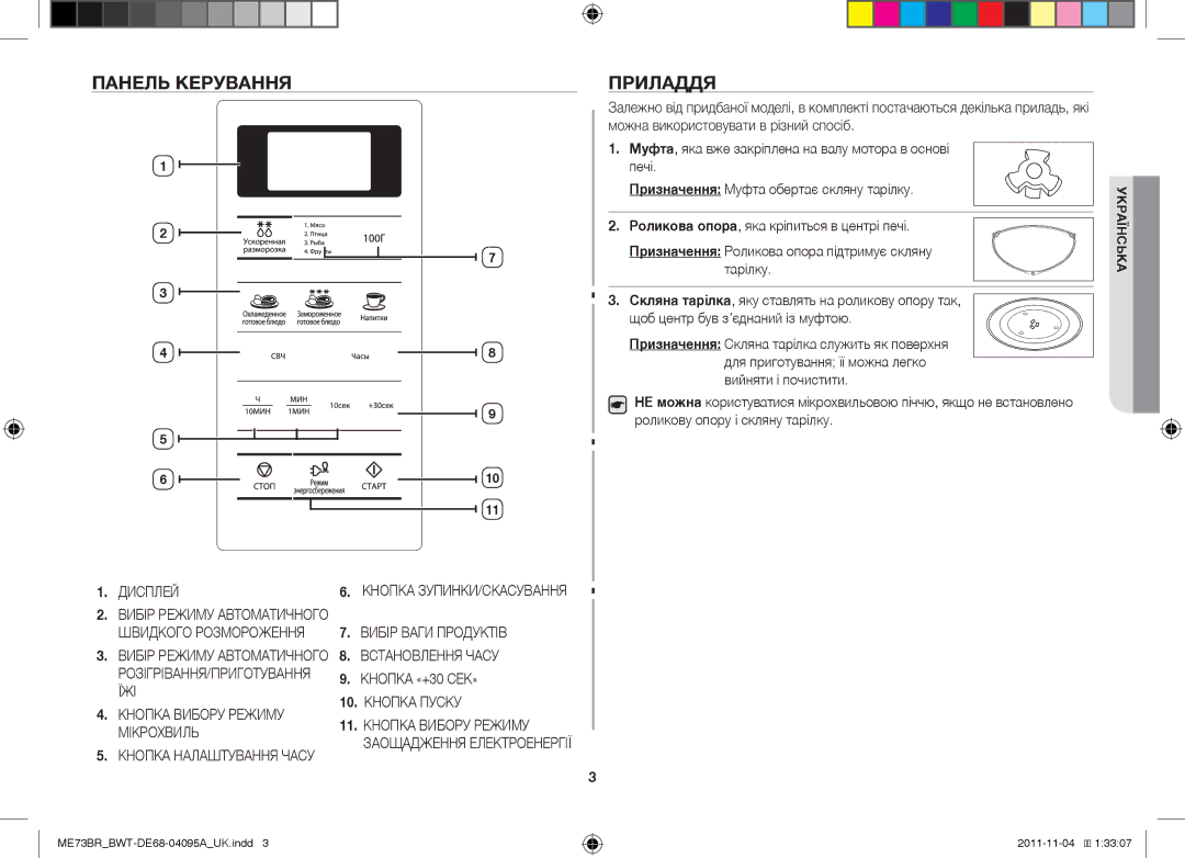 Samsung ME73BR/BWT, ME73BR-X/BWT manual Панель Керування Приладдя, Швидкого Розмороження 