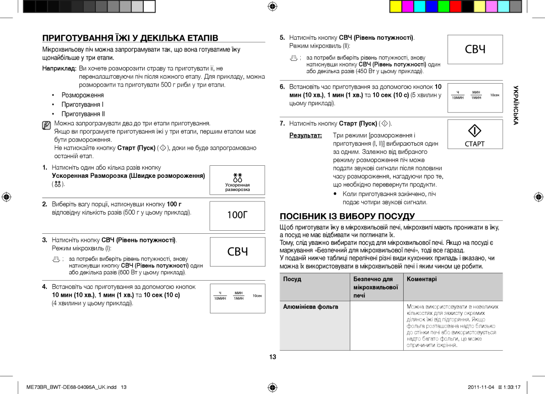 Samsung ME73BR/BWT, ME73BR-X/BWT manual Приготування ЇЖІ У Декілька Етапів, Посібник ІЗ Вибору Посуду 