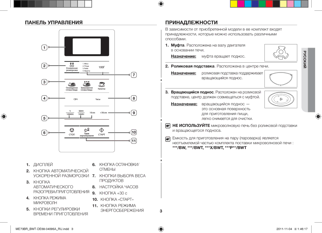 Samsung ME73BR/BWT, ME73BR-X/BWT manual Панель Управления, Принадлежности, Назначение, Bw, ***/Bwt, ***X/Bwt, ***P**/Bwt 