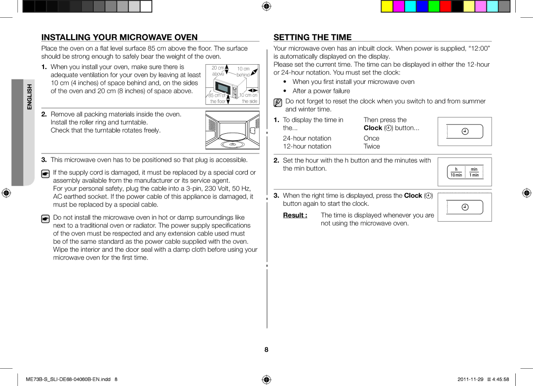 Samsung ME73B/SLI manual Installing Your Microwave Oven, Setting the Time 