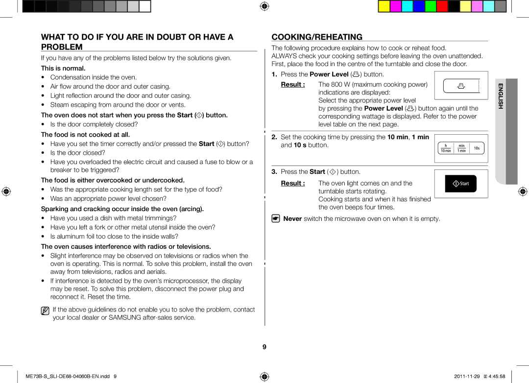 Samsung ME73B/SLI manual What to do if YOU are in Doubt or have a Problem, Cooking/Reheating, Result 