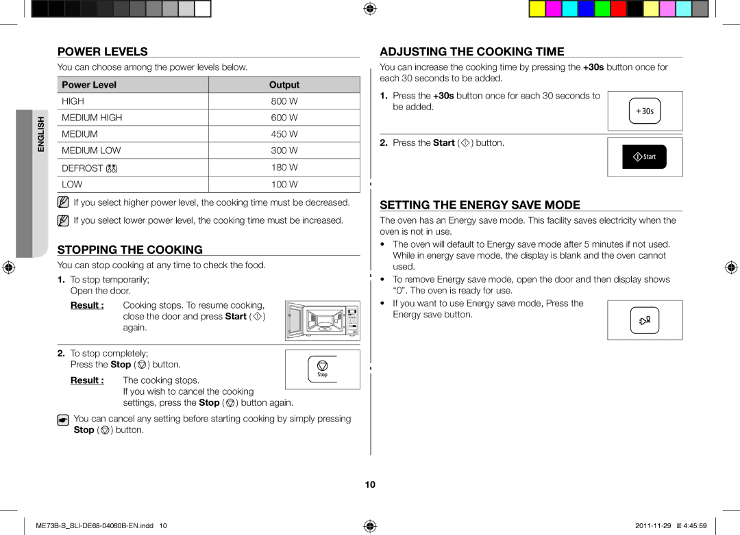 Samsung ME73B/SLI manual Power Levels, Stopping the Cooking, Adjusting the Cooking Time, Setting the Energy Save Mode 