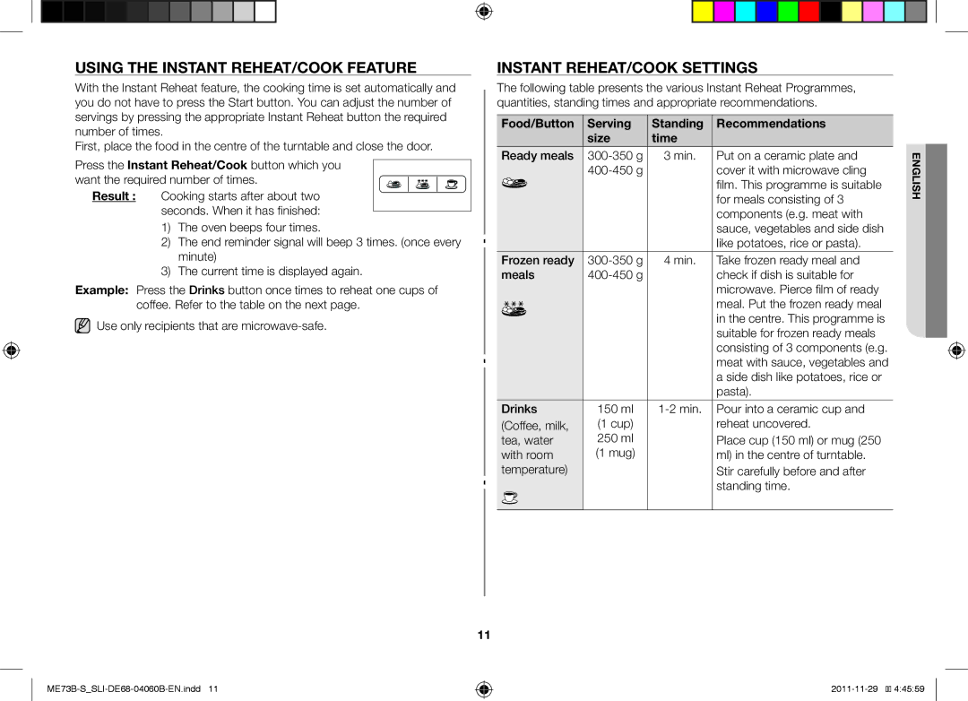 Samsung ME73B/SLI manual Using the Instant REHEAT/COOK Feature, Instant REHEAT/COOK Settings 