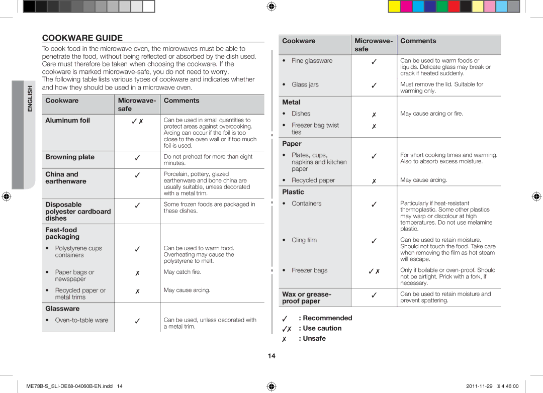 Samsung ME73B/SLI manual Cookware Guide 