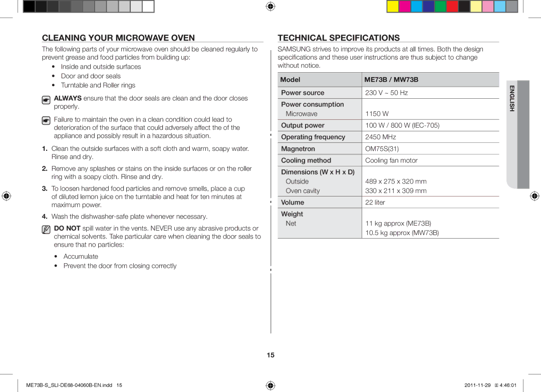 Samsung ME73B/SLI manual Cleaning Your Microwave Oven, Technical Specifications, Model ME73B / MW73B 