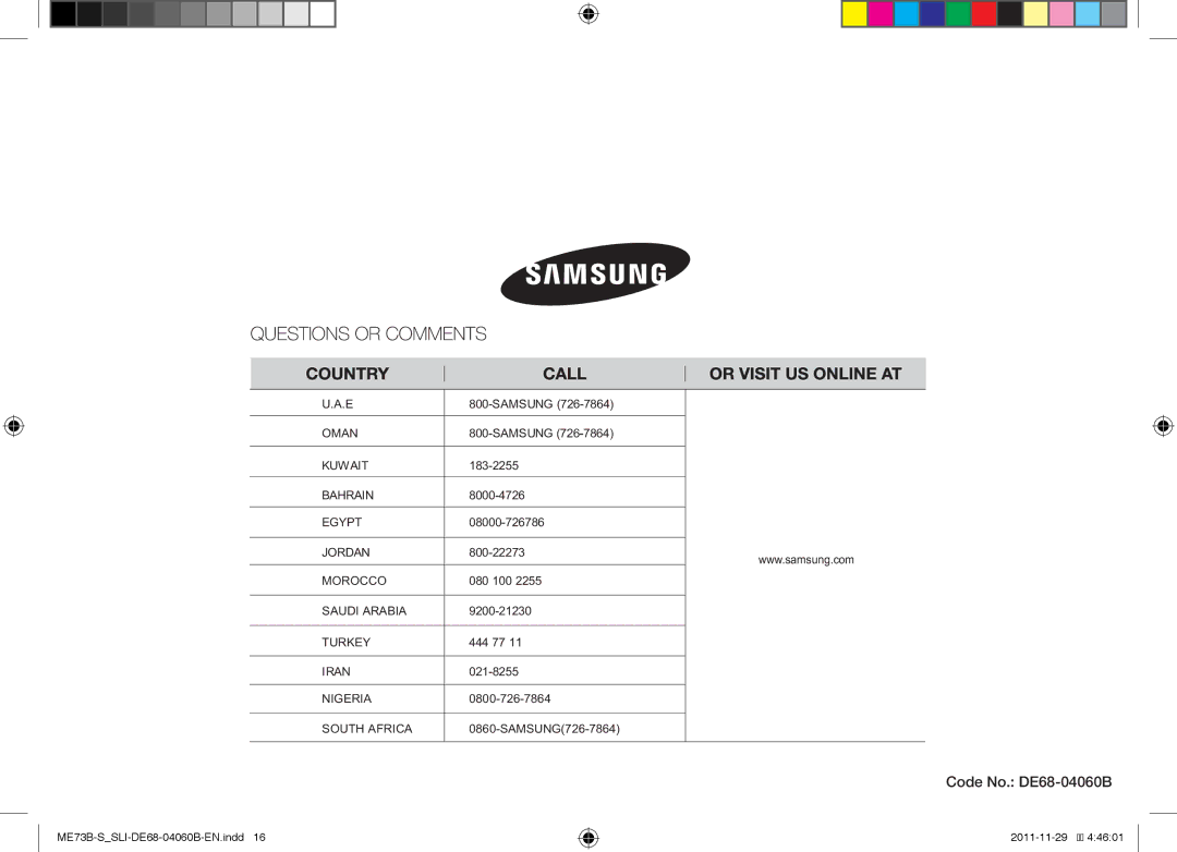 Samsung ME73B/SLI manual Code No. DE68-04060B 