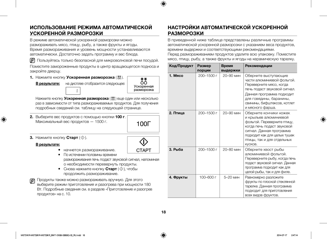 Samsung ME73M2KR-S/BWT, ME73M1KR/BWT, ME73E1KR-S/BWT, ME73T2KR/BWT Использование Режима Автоматической Ускоренной Разморозки 