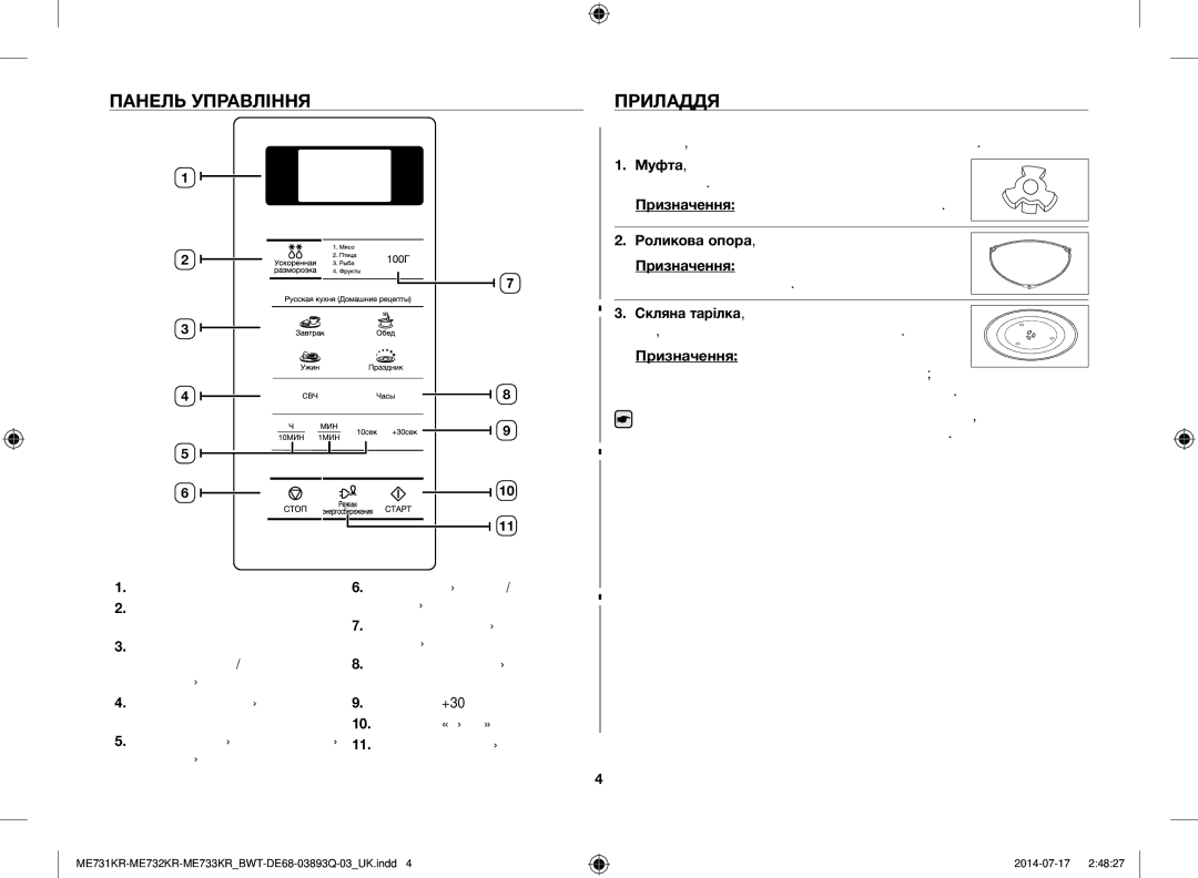 Samsung ME73M1KR/BWT, ME73E1KR-S/BWT, ME73M2KR-S/BWT, ME73T2KR/BWT manual Панель Управління, Приладдя 