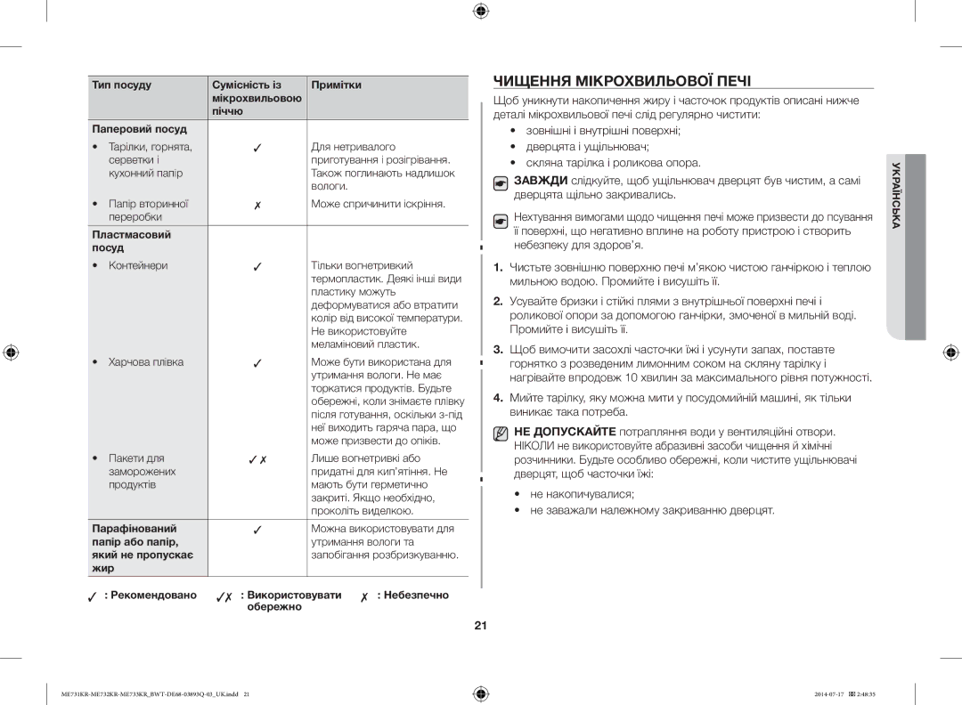 Samsung ME73E1KR-S/BWT, ME73M1KR/BWT, ME73M2KR-S/BWT, ME73T2KR/BWT manual Чищення Мікрохвильової Печі 