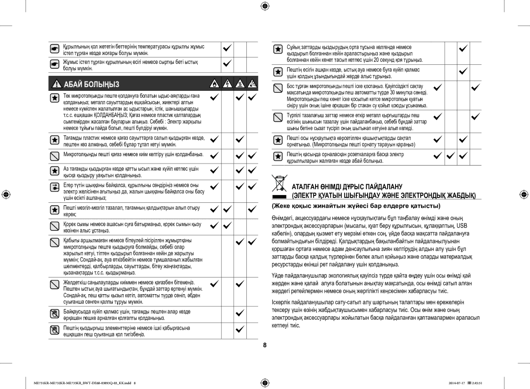 Samsung ME73M1KR/BWT, ME73E1KR-S/BWT, ME73M2KR-S/BWT manual Абай Болыңыз, Жеке қоқыс жинайтын жүйесі бар елдерге қатысты 