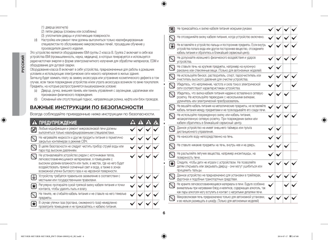 Samsung ME73M2KR-S/BWT, ME73M1KR/BWT, ME73E1KR-S/BWT, ME73T2KR/BWT manual Важные Инструкции ПО Безопасности, Предупреждение 