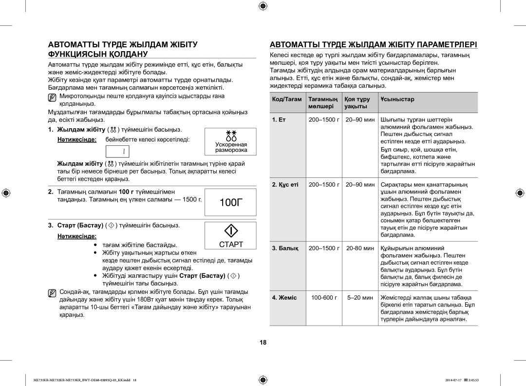 Samsung ME73M2KR-S/BWT manual Автоматты Түрде Жылдам Жібіту Функциясын Қолдану, Автоматты Түрде Жылдам Жібіту Параметрлері 