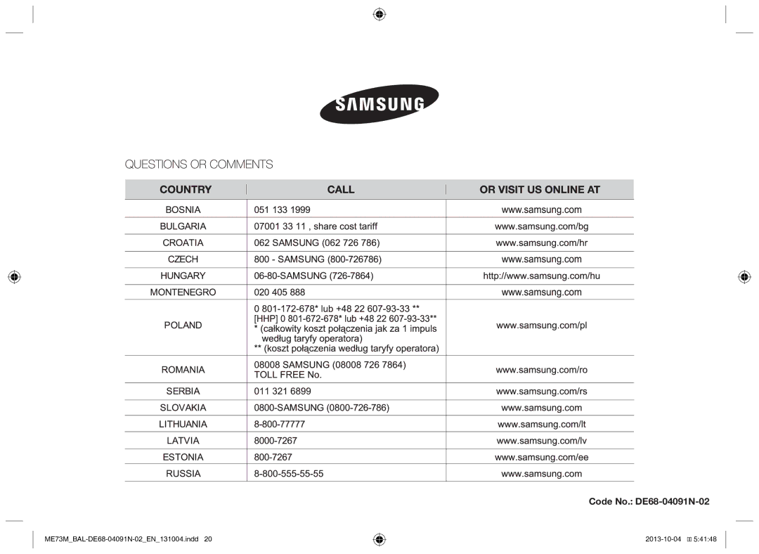 Samsung ME73M/BAL manual Code No. DE68-04091N-02 