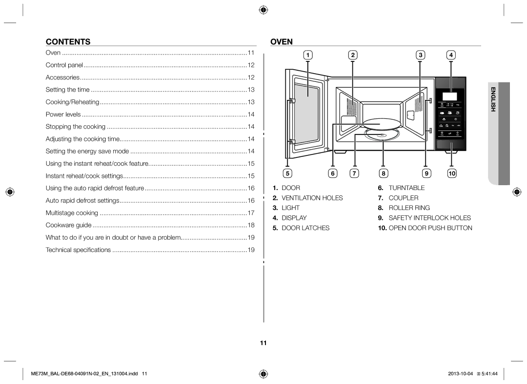 Samsung ME73M/BAL manual Contents, Oven 