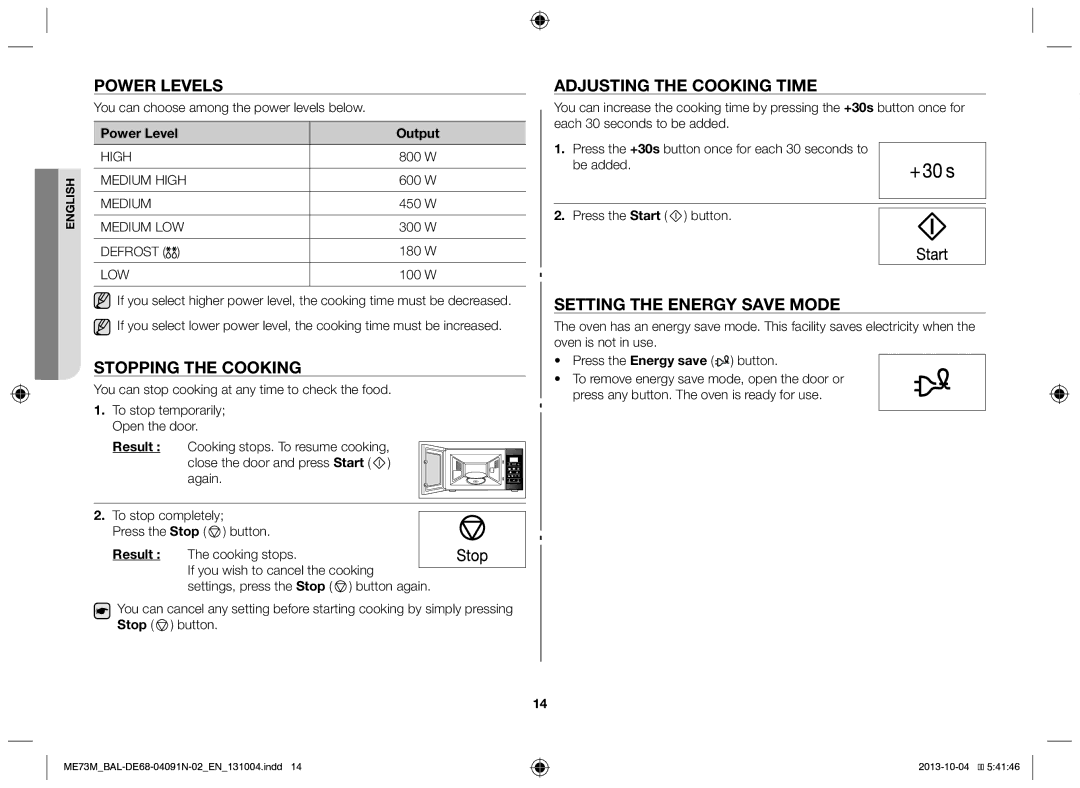 Samsung ME73M/BAL manual Power levels, Stopping the cooking, Adjusting the cooking time, Setting the energy save mode 