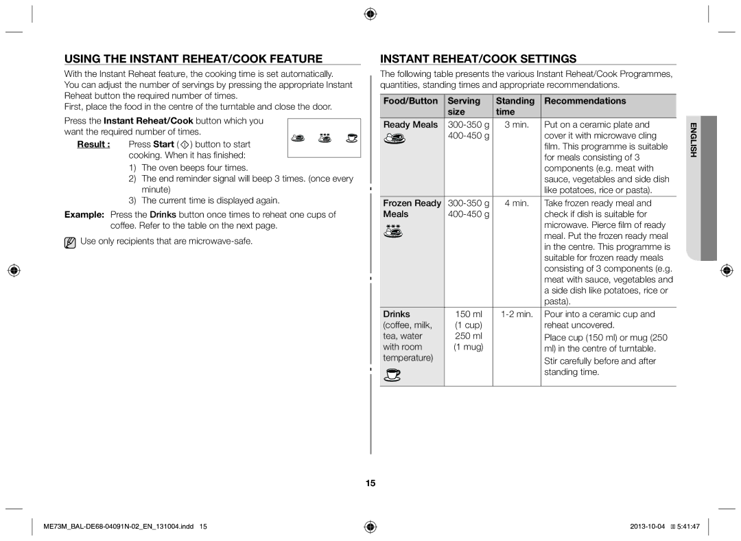 Samsung ME73M/BAL manual Using the instant reheat/cook feature, Instant reheat/cook settings 