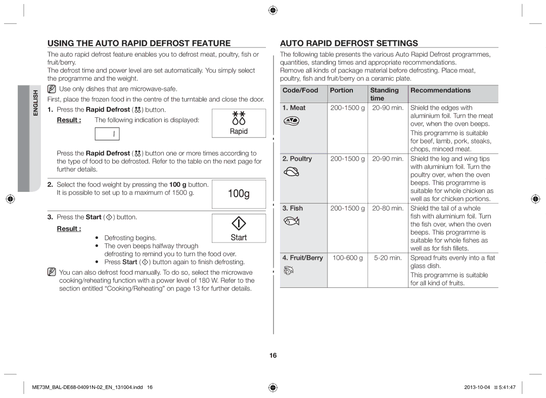 Samsung ME73M/BAL manual Using the auto rapid defrost feature, Auto rapid defrost settings 