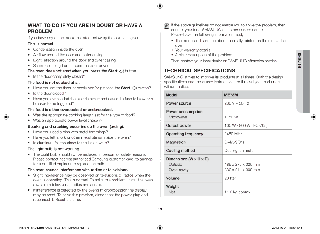 Samsung ME73M/BAL manual What to do if you are in doubt or have a problem, Technical specifications, Model 