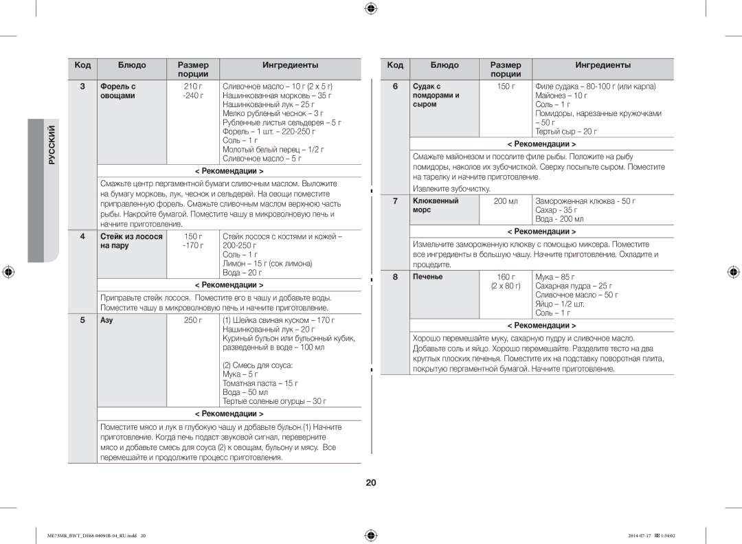 Samsung ME73MR-S/BWT, ME73MR/BWT manual Код Блюдо Размер Ингредиенты Порции Форель с, На пару 
