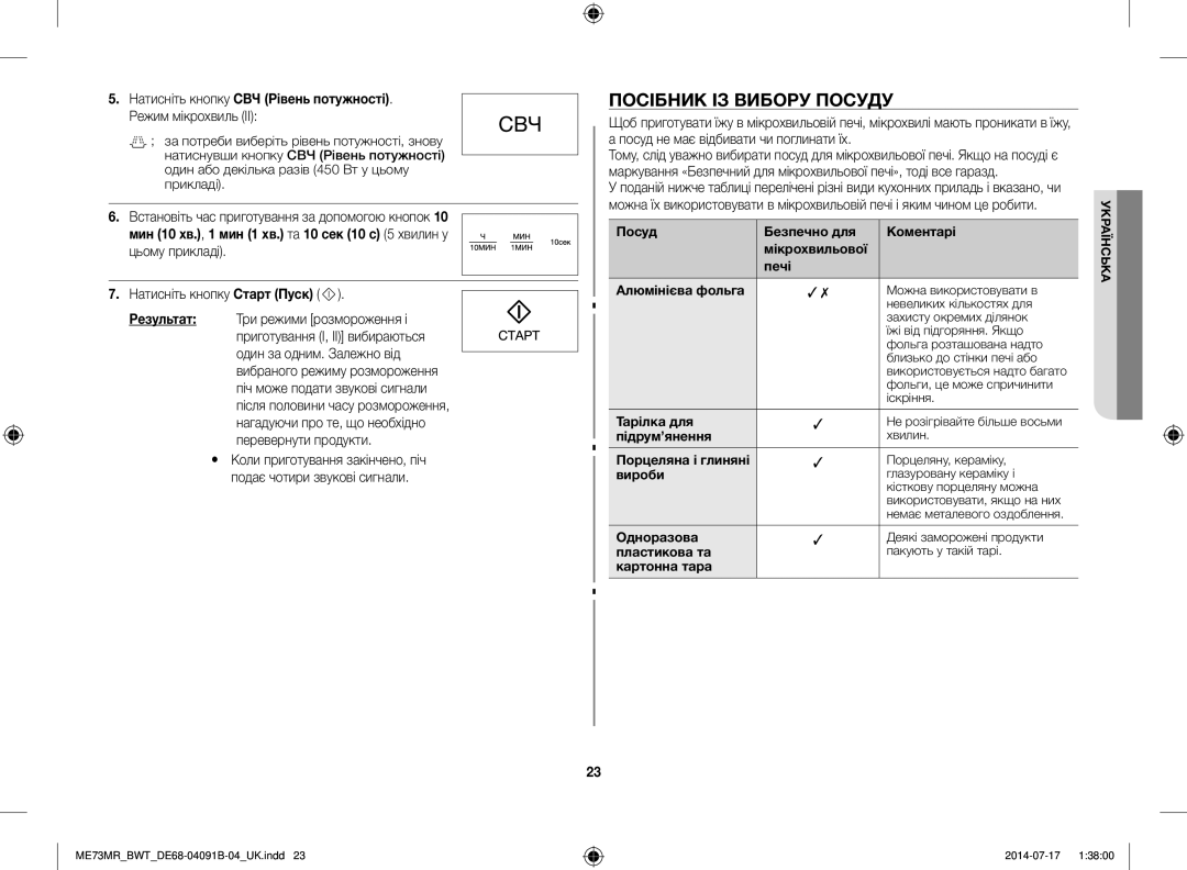 Samsung ME73MR/BWT, ME73MR-S/BWT Посібник ІЗ Вибору Посуду, Натисніть кнопку СВЧ Рівень потужності. Режим мікрохвиль ІІ 