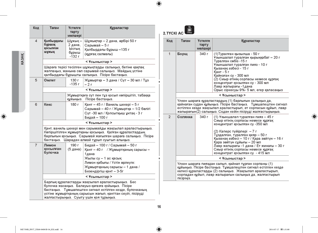 Samsung ME73MR-S/BWT, ME73MR/BWT manual Код Тағам Үстелге Құраластар, Омлет, Лимон, Қосылған, Булочка 