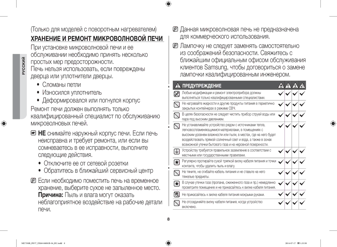 Samsung ME73MR-S/BWT, ME73MR/BWT manual Отключите ее от сетевой розетки, Предупреждение 