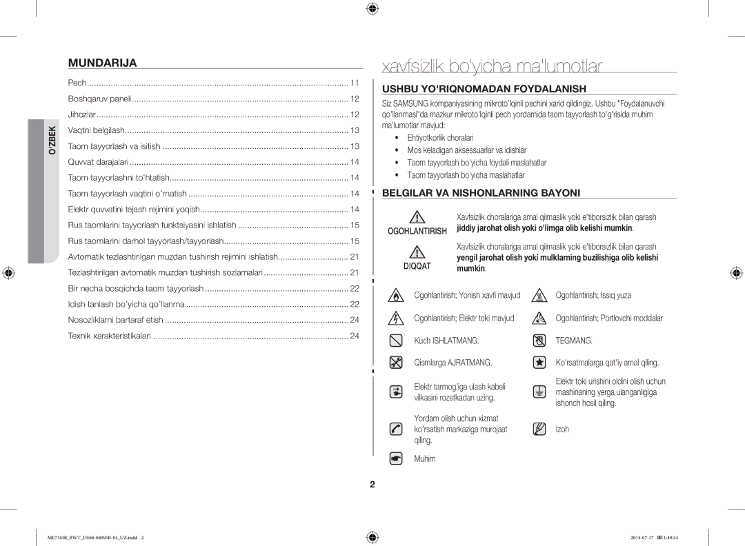 Samsung ME73MR-S/BWT, ME73MR/BWT manual Mundarija, Diqqat, Tegmang, Korsatmalarga qatiy amal qiling, Izoh 