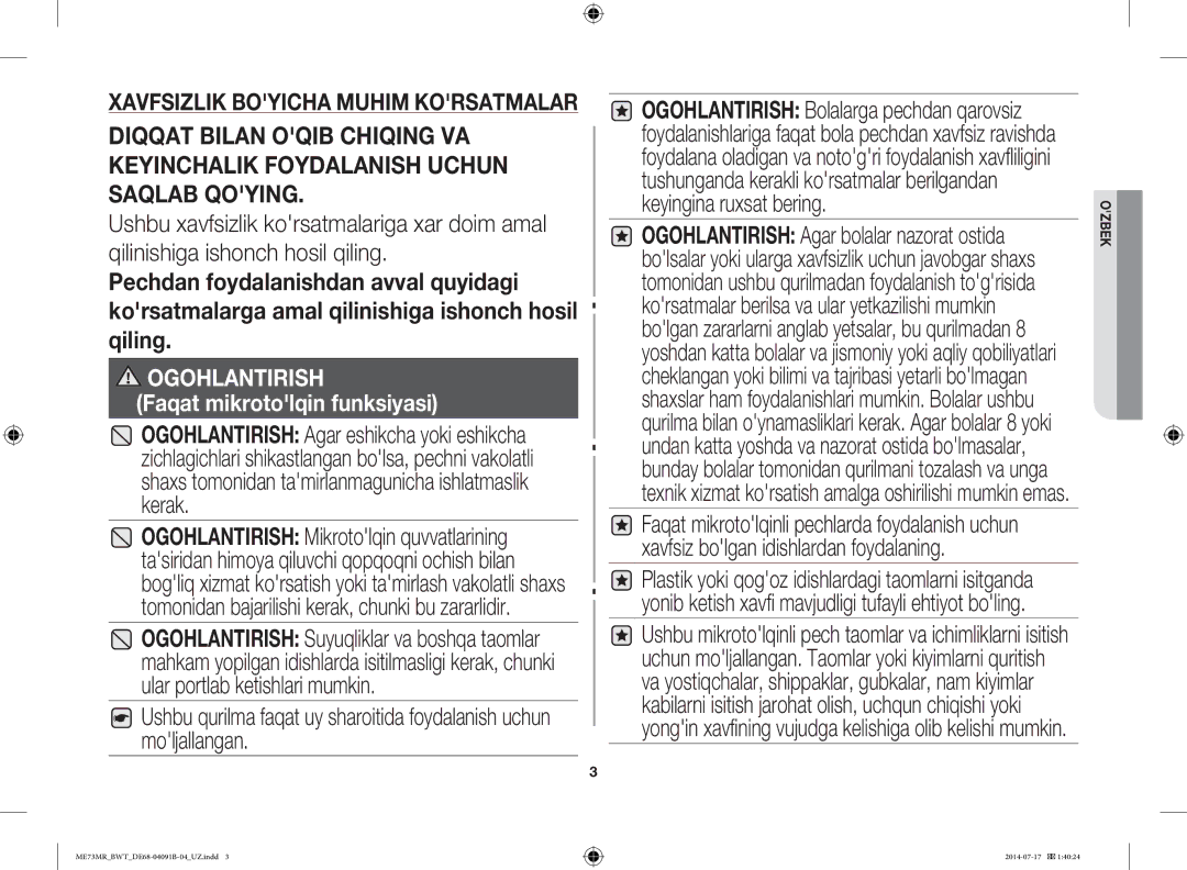 Samsung ME73MR/BWT, ME73MR-S/BWT manual Ogohlantirish 