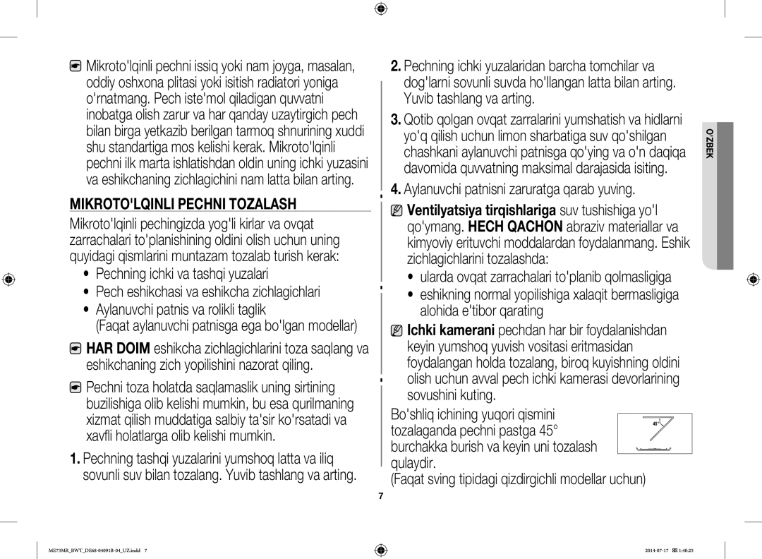 Samsung ME73MR/BWT manual Pechning ichki va tashqi yuzalari, Aylanuvchi patnis va rolikli taglik, Alohida etibor qarating 