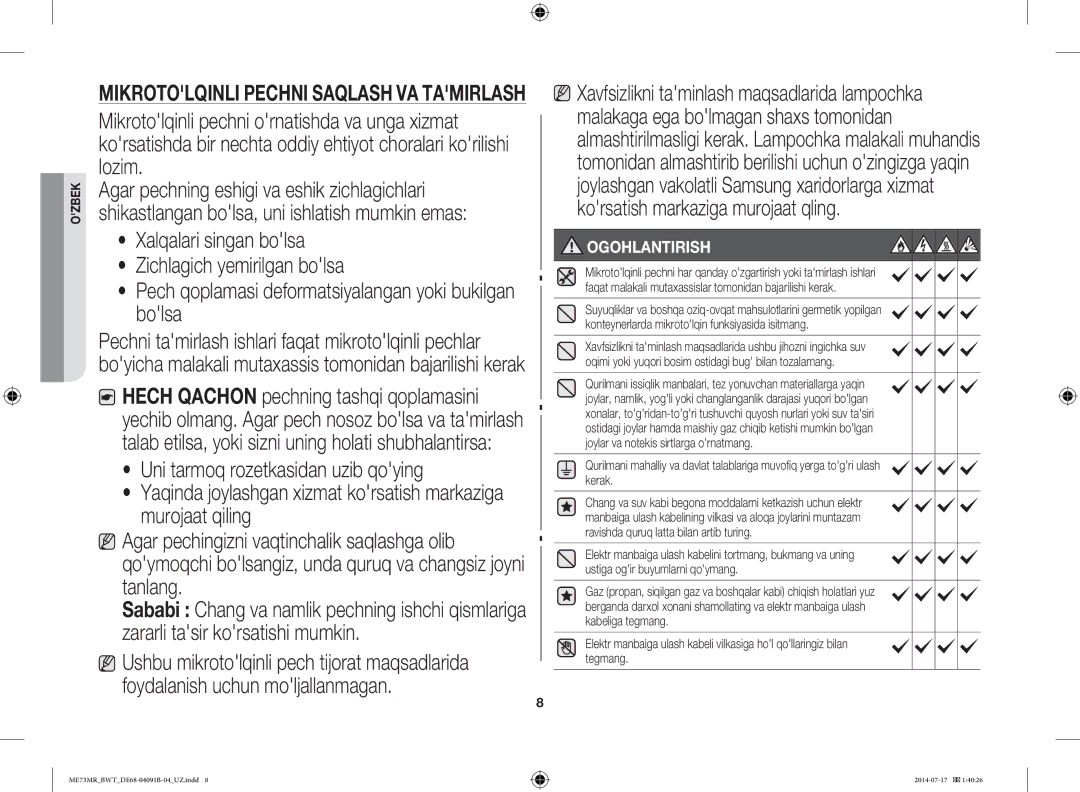 Samsung ME73MR-S/BWT, ME73MR/BWT manual Mikrotolqinli Pechni Saqlash VA Tamirlash 