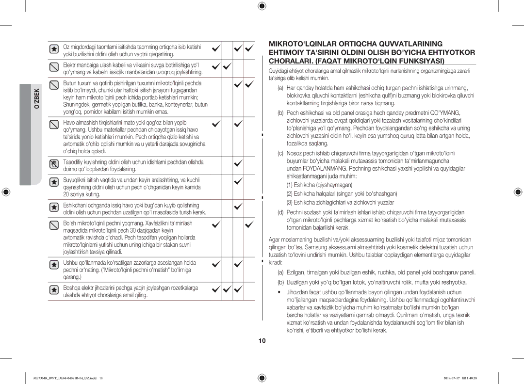 Samsung ME73MR-S/BWT, ME73MR/BWT manual Ozbek 