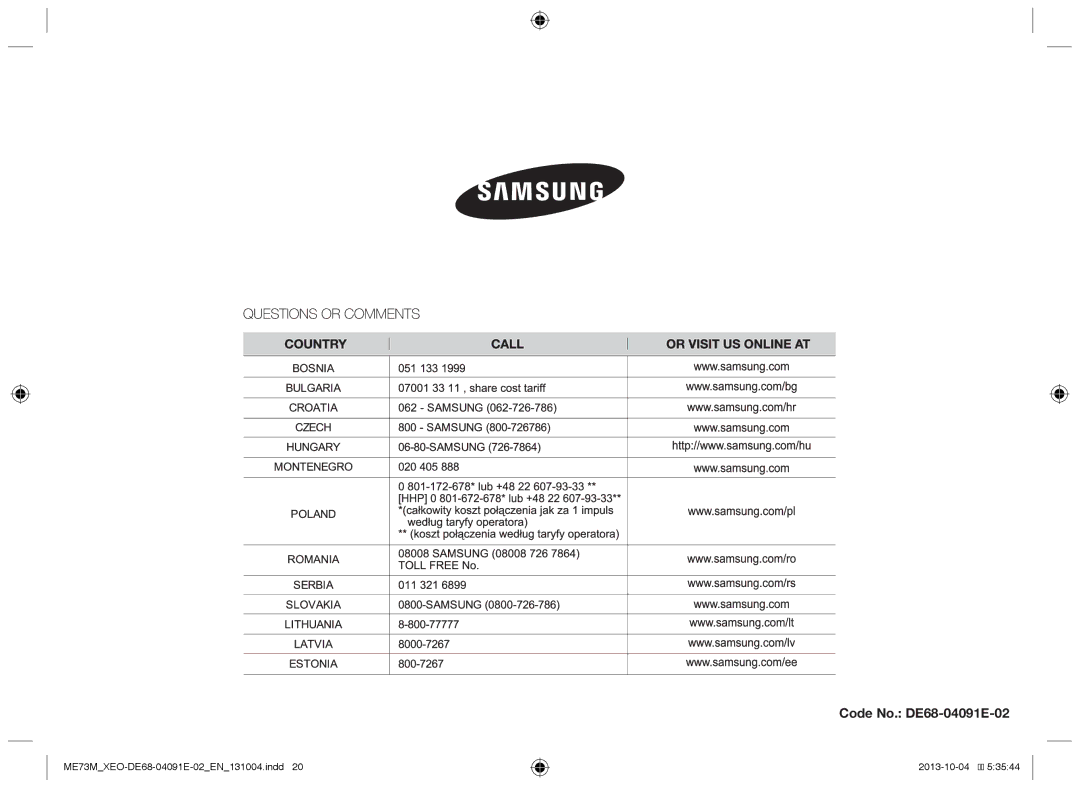 Samsung ME73M/XEO manual Code No. DE68-04091E-02 