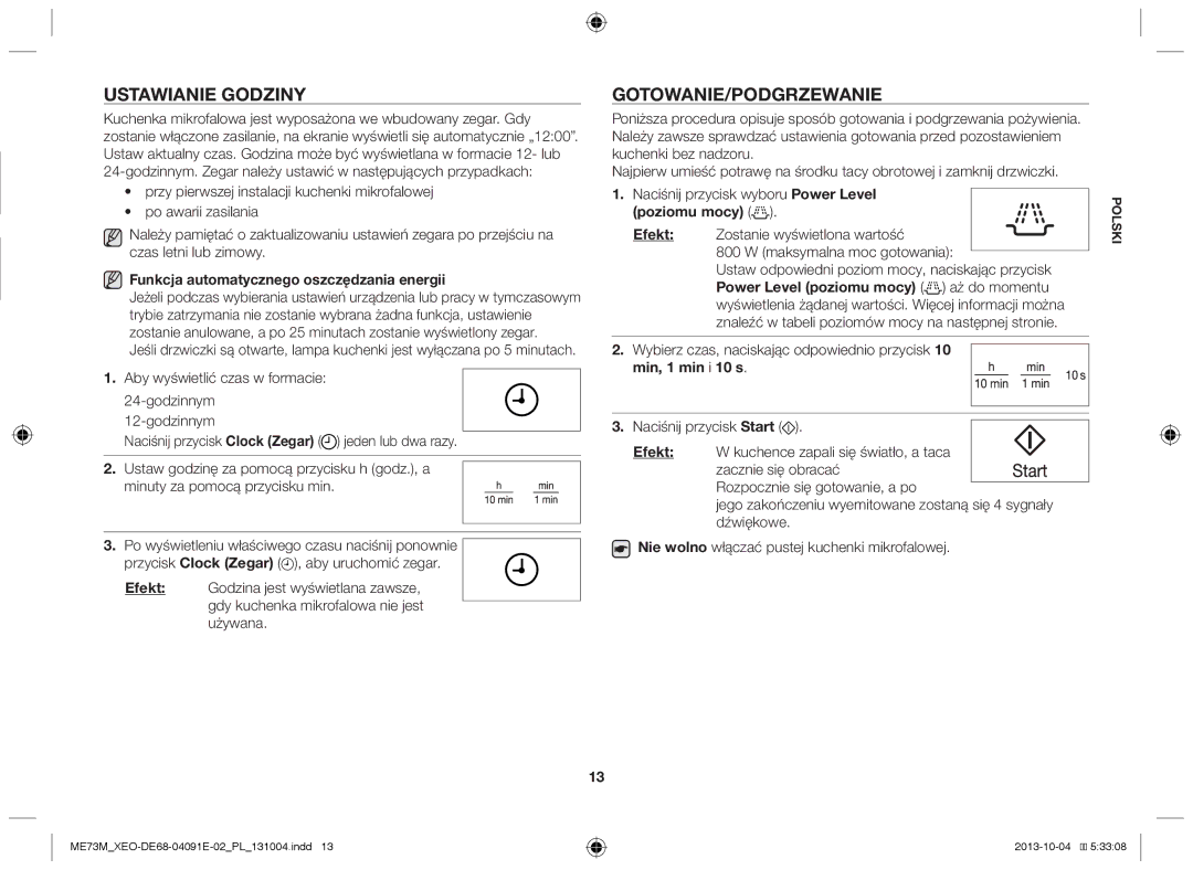 Samsung ME73M/XEO manual Ustawianie godziny, Gotowanie/Podgrzewanie 