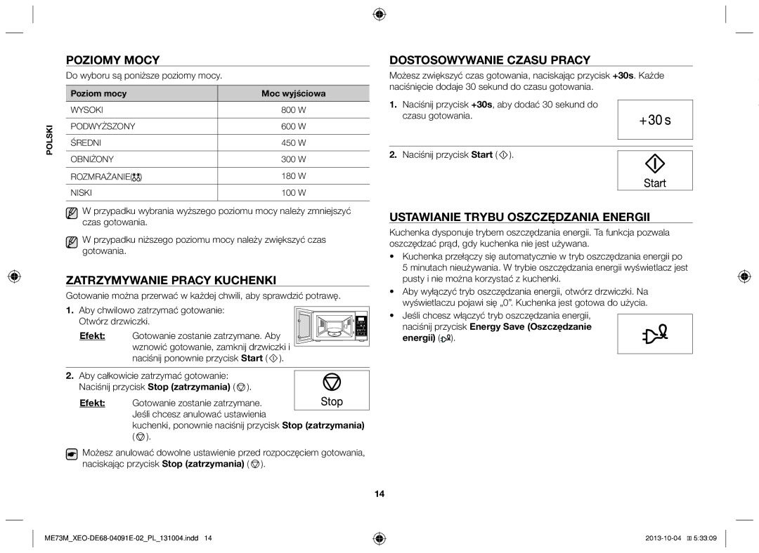 Samsung ME73M/XEO manual Poziomy mocy, Zatrzymywanie pracy kuchenki, Dostosowywanie czasu pracy 