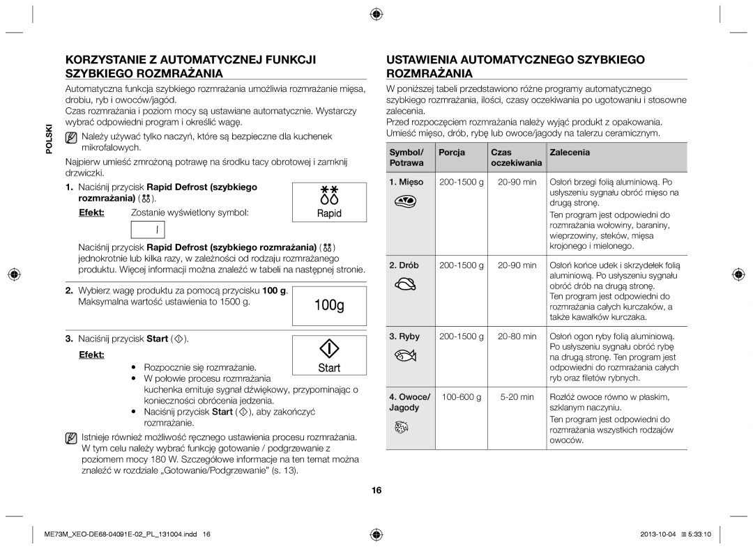 Samsung ME73M/XEO manual Korzystanie z automatycznej funkcji szybkiego rozmrażania, Symbol Porcja Czas Zalecenia Potrawa 