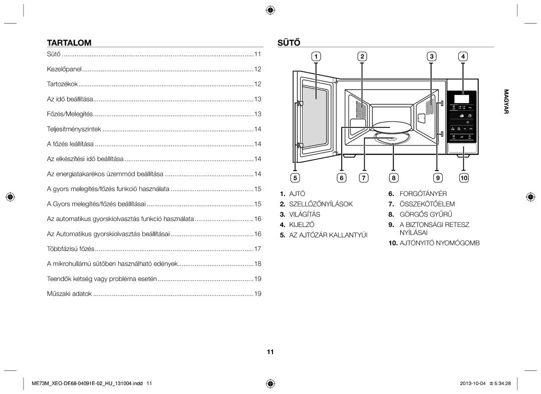 Samsung ME73M/XEO manual Tartalom, Sütő 