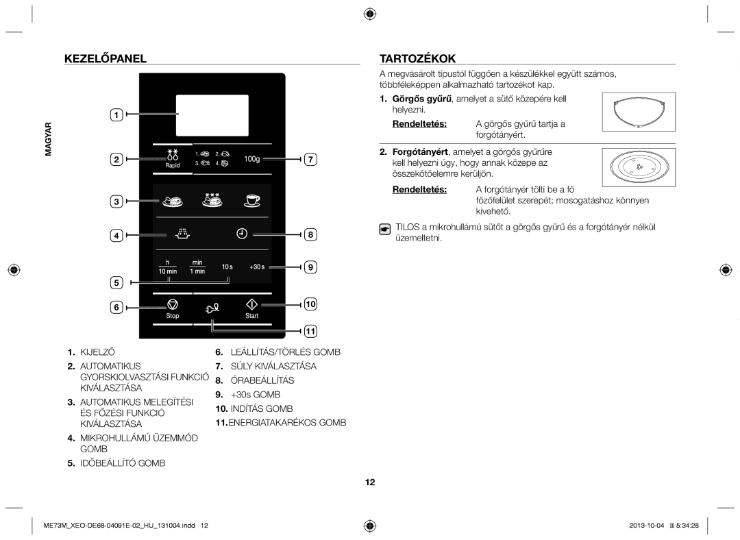 Samsung ME73M/XEO manual Kezelőpanel, Tartozékok, +30s Gomb 