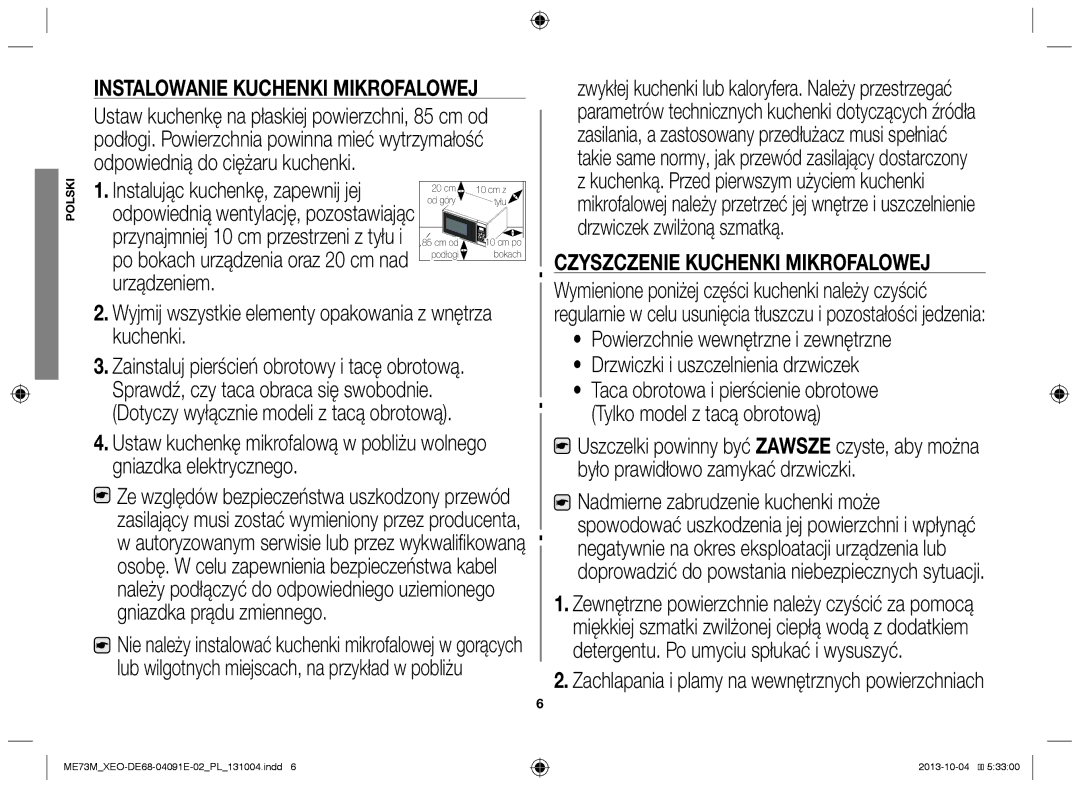 Samsung ME73M/XEO manual Instalowanie kuchenki mikrofalowej, Czyszczenie kuchenki mikrofalowej 