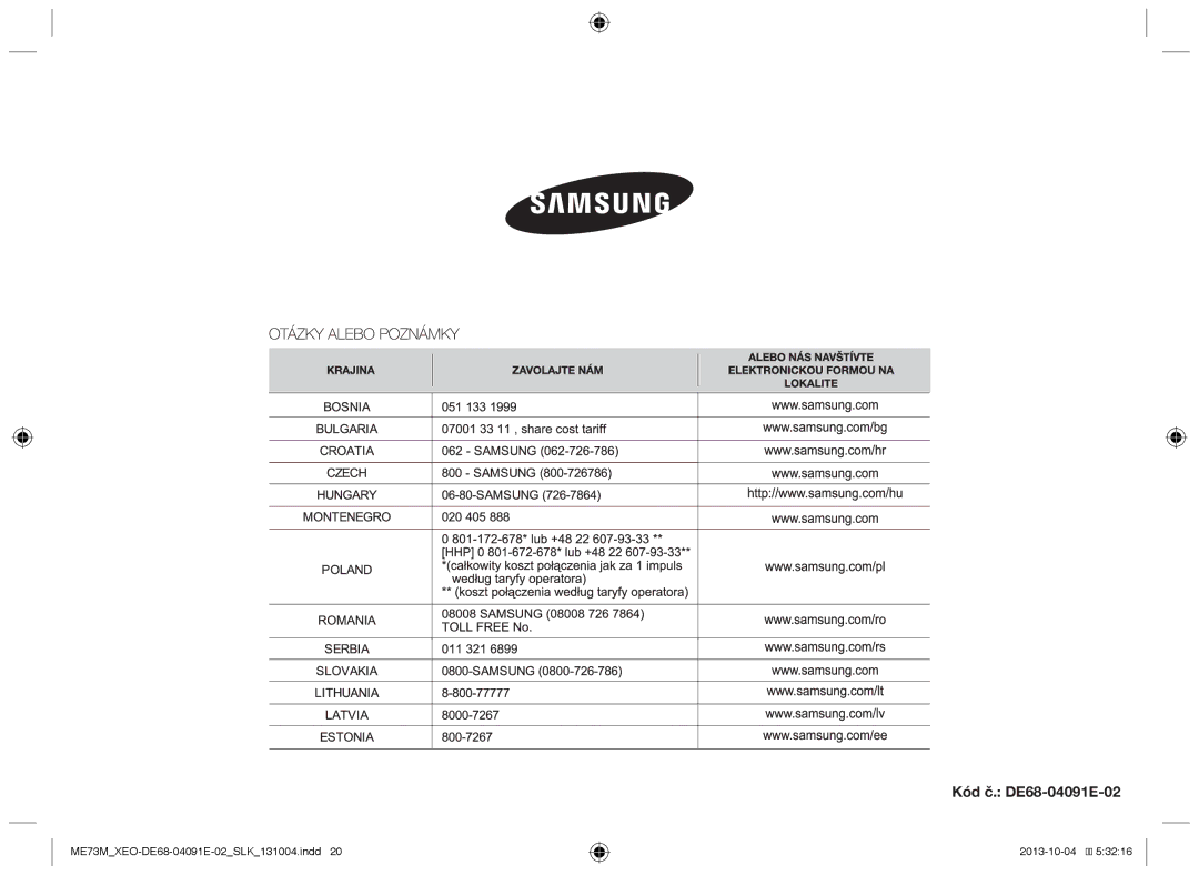 Samsung ME73M/XEO manual Kód č. DE68-04091E-02 