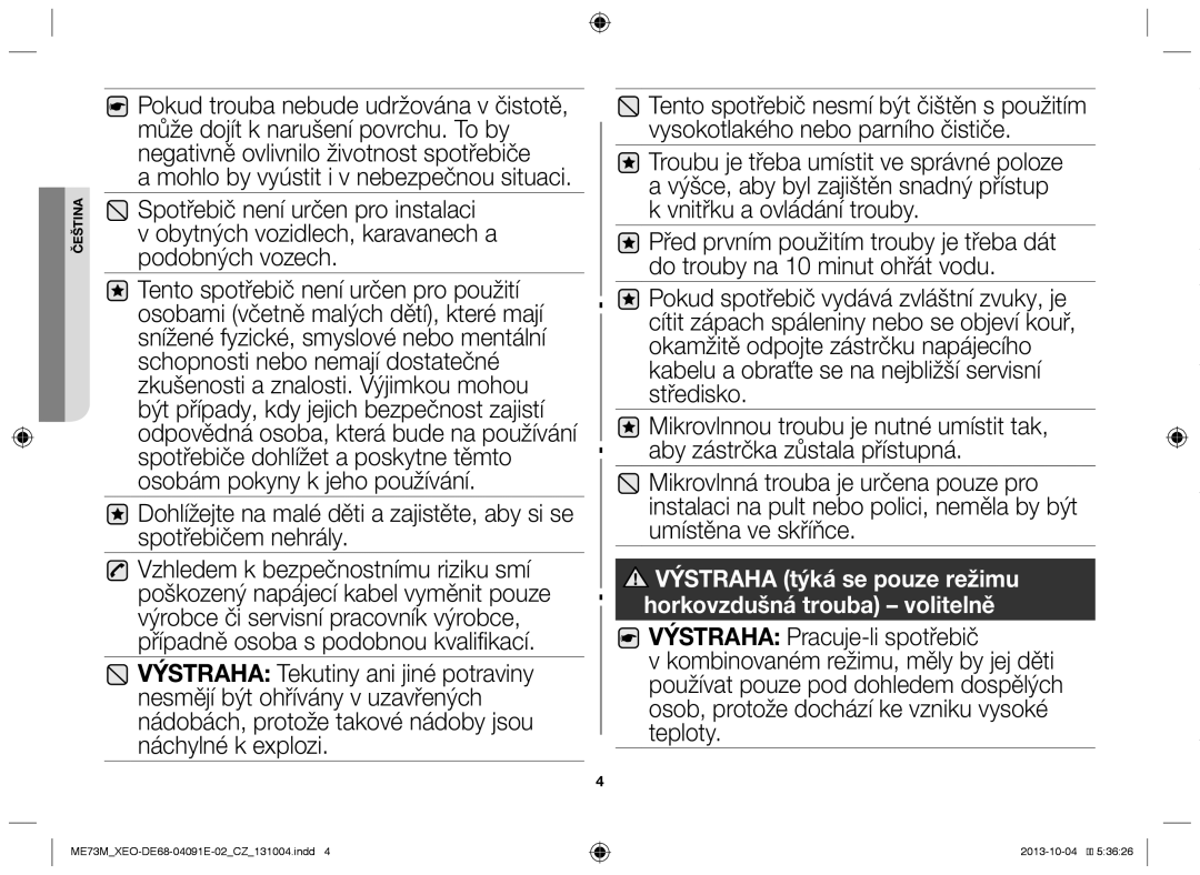 Samsung ME73M/XEO manual Výstraha týká se pouze režimu horkovzdušná trouba volitelně 