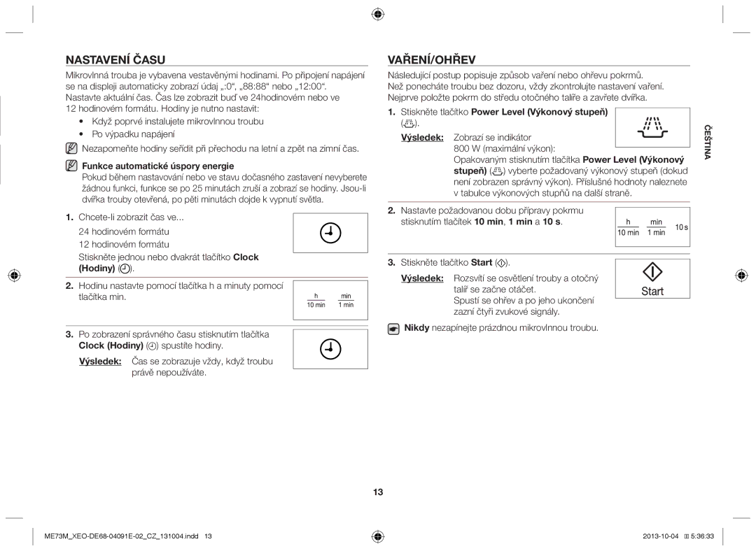 Samsung ME73M/XEO manual Nastavení času, Vaření/Ohřev, Funkce automatické úspory energie 