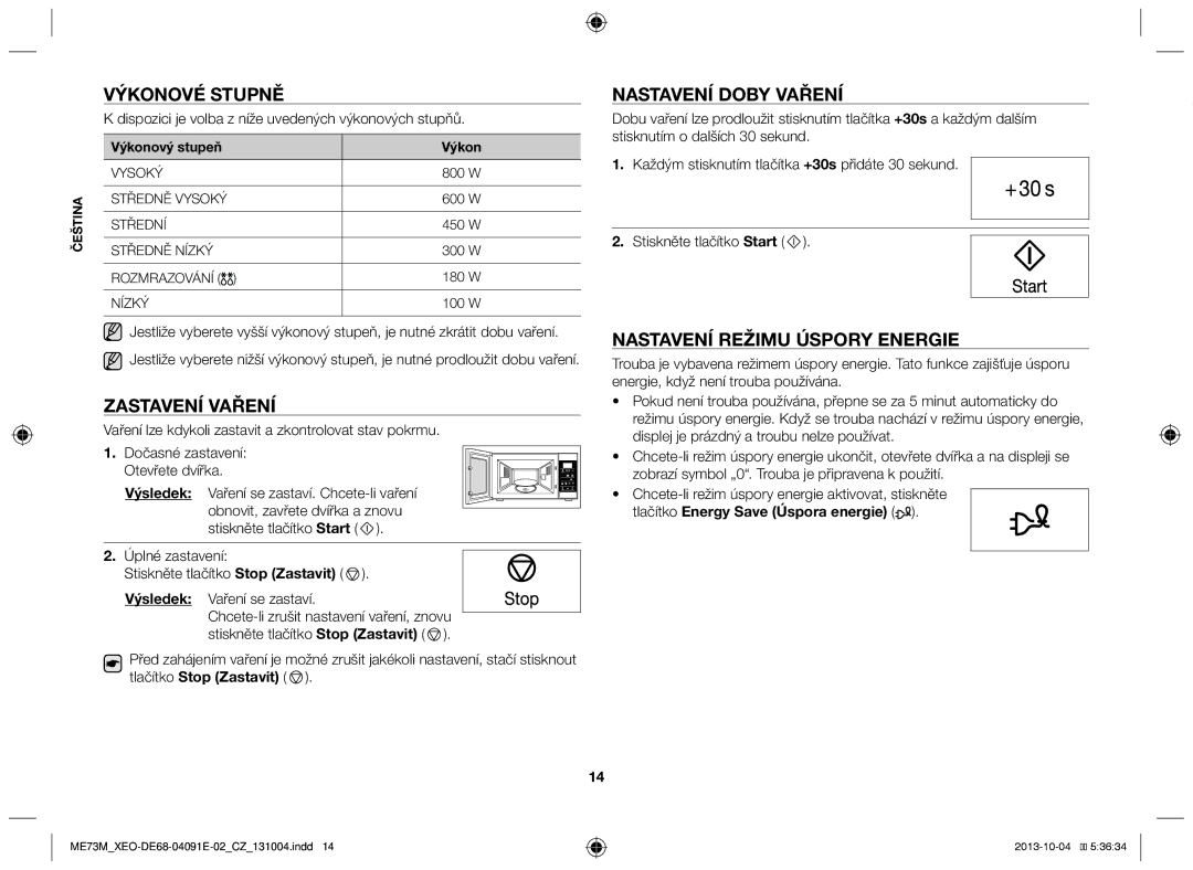 Samsung ME73M/XEO manual Výkonové stupně, Nastavení doby vaření, Zastavení vaření, Nastavení režimu úspory energie 