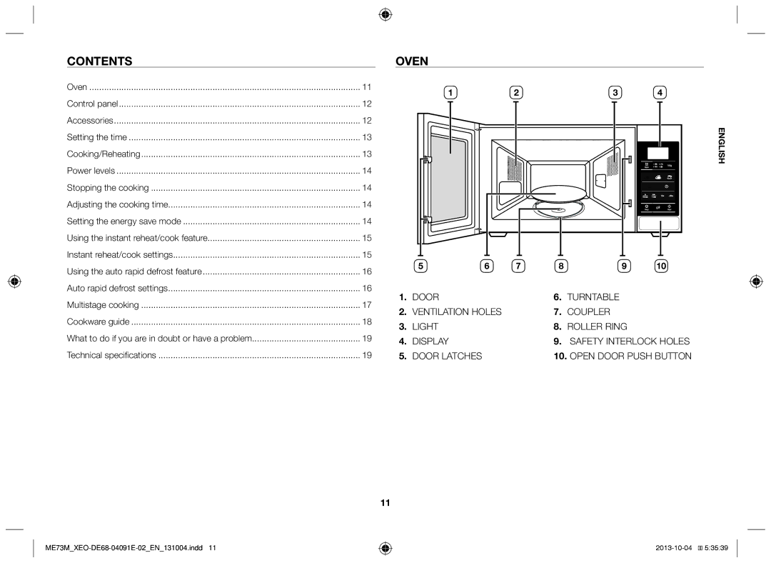 Samsung ME73M/XEO manual Contents, Oven 